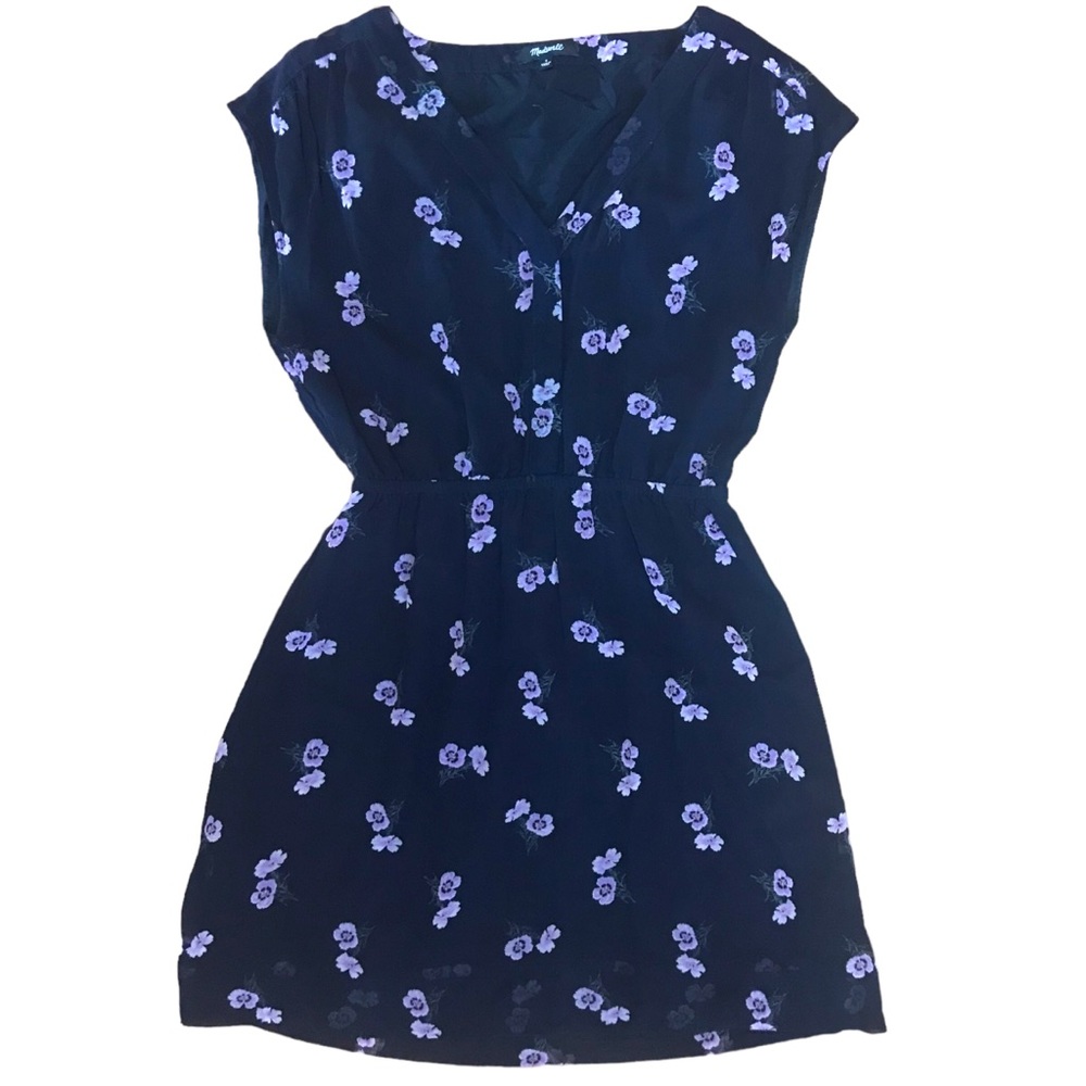 Women’s Madewell Size 4 Navy Short Sleeve V Neck Mini Dress With Purple Floral
